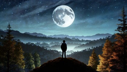 silhouette of a man standing in a hill overlooking a forest with a large, moon in the background. anime