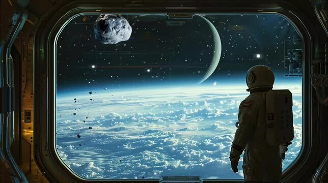 Astronaut in the window of spaceship, looking to space view. 