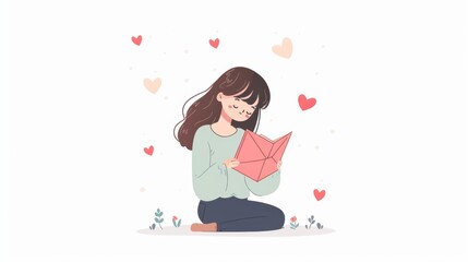 Illustration of a girl reading a love letter, surrounded by hearts. Cute and romantic concept on a white background.