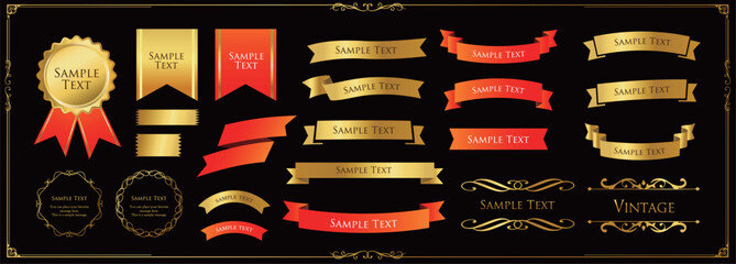 リボンの装飾デザインセットとアンティークな罫線やフレームデザイン