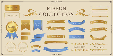 リボンの装飾デザインセットとアンティークな罫線やフレームデザイン