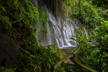 Many waterfalls going down a mountain surrounded by lush green tropical jungle vegetation. Long exposure shot. Seven Waterfalls, El Salvador. © Elena Berd