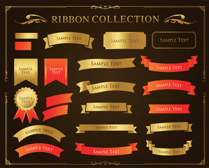リボンの装飾デザインセットとアンティークな罫線やフレームデザイン
