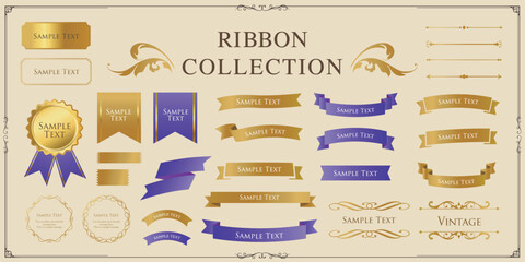 リボンの装飾デザインセットとアンティークな罫線やフレームデザイン