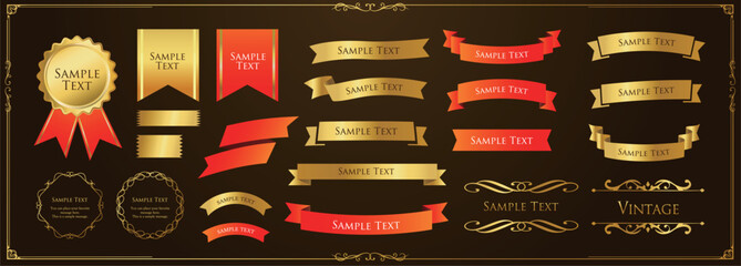 リボンの装飾デザインセットとアンティークな罫線やフレームデザイン