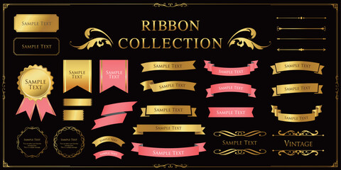リボンの装飾デザインセットとアンティークな罫線やフレームデザイン