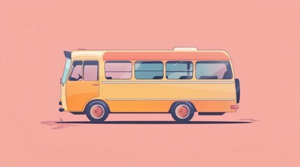 Retro illustration of a vibrant yellow and orange minibus on a pink background, perfect for travel-themed designs and vintage projects.