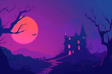 Fototapeta premium Spooky haunted house under a full moon with eerie trees and dark shadows. Perfect for Halloween themes and mysterious atmospheres.