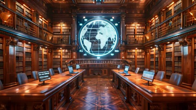 A virtual courtroom scene with holographic projections and a grand library backdrop.