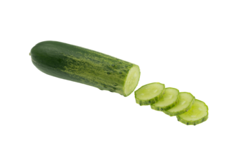 An image of a partially sliced fresh cucumber. Ideal for content related to healthy eating, natural foods, and cooking ingredients. Suitable for recipe booklets, cooking blogs, and wellness media.