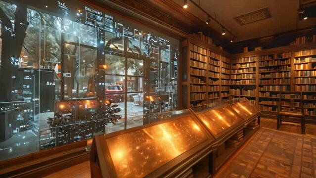 A futuristic bookstore features a large holographic display showcasing interactive book previews, adding a modern twist to the traditional library setting.