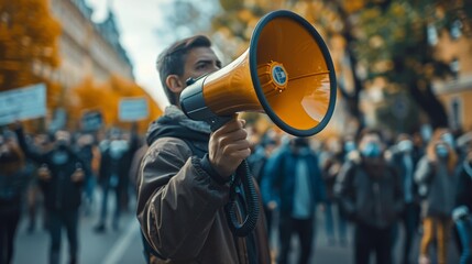 Activist Leading a Protest with Megaphone