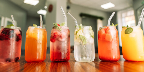 Fruit drinks with berries and ice in glass glasses and straws on a wooden table.
