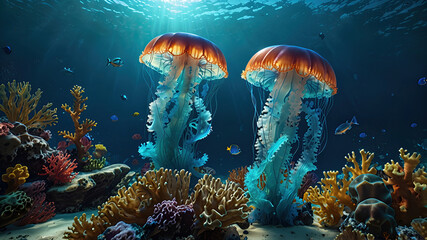 Naklejka premium glow vibrant jellyfish in the depths of the ocean