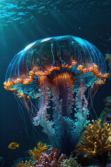 glow vibrant jellyfish in the depths of the ocean