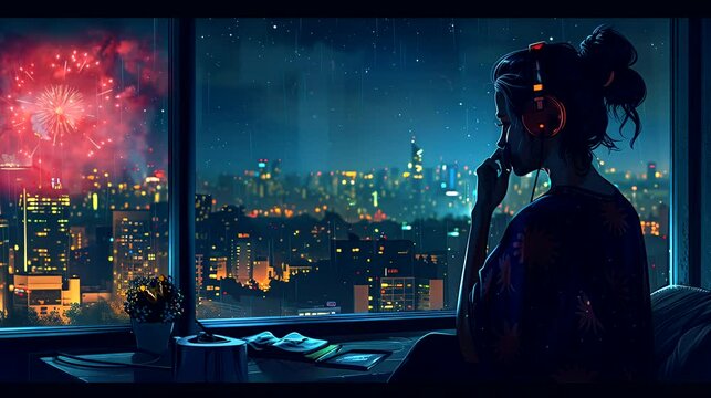 Girl listening music with headphone at night on cityscape background. 