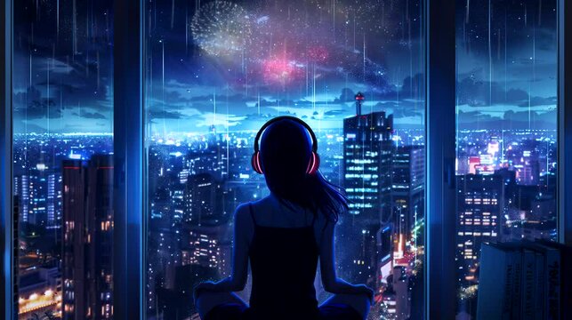 Girl with headphones in the window on cityscape background at rain. Seamless looping time-lapse 4k video animation background
