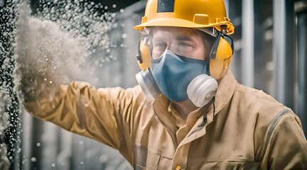 Construction Worker in Dust Mask Amidst Glass Wool Dust