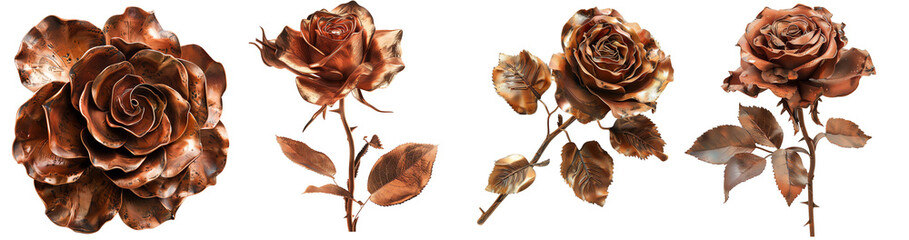 Obraz premium Set of four metallic bronze roses with detailed petals and leaves, perfect for decorative and design purposes.