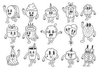 Set of Birthday Groovy Cartoon Character Doodle Illustration 