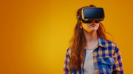 Fototapeta premium Front view of serious brunette girl wearing in modern headset and watching video. woman in shirt and glasses of virtual reality and 3d simulation, high technology gadget against yellow background