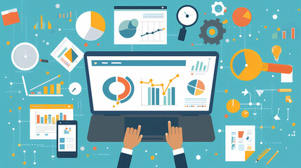 Fototapeta premium Aerial view of hands using a laptop with various data analytics and charts, depicting modern business analysis.
