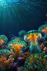 Obraz premium glow vibrant jellyfish in the depths of the ocean