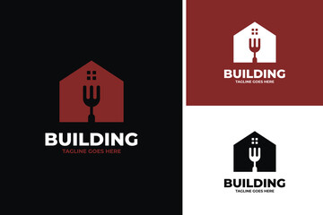 Forks and building logo design for restaurant template vector illustration idea