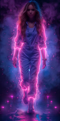 A woman in a purple jumpsuit is walking through a purple haze. The image has a futuristic and surreal feel to it, with the woman standing out against the glowing background