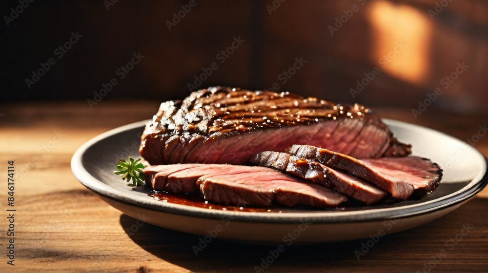 Wall mural closeup delicious smoky beef steak on plate