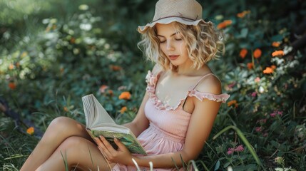 Fototapeta premium A young woman is sitting in a field reading a book. The scene is peaceful and serene, with the girl enjoying the outdoors and the beauty of nature