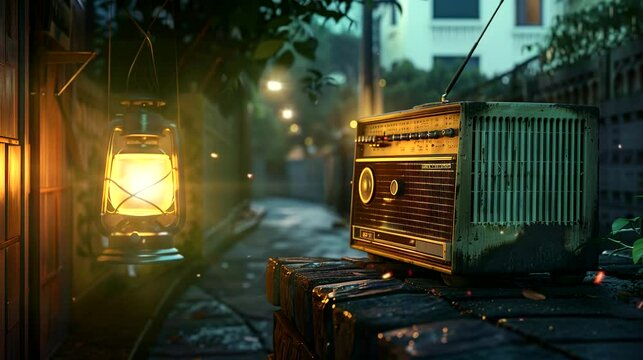 Vintage radio with lantern on the street. Seamless looping time-lapse 4k video animation background