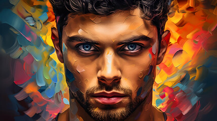 Confident expression framed by bold color contrasts