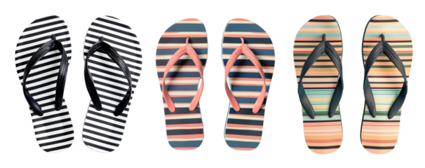 Three pairs of colorful striped flip-flops arranged in a row, perfect for summer beach vacations and casual outdoor wear.