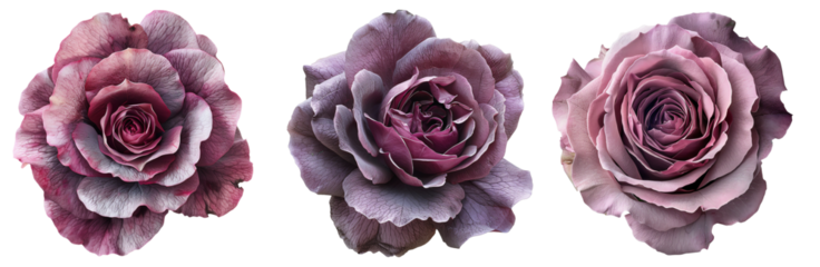 Three beautiful purple roses in full bloom, showcasing intricate petals and vibrant color. Perfect for nature, floral, or romantic themes.