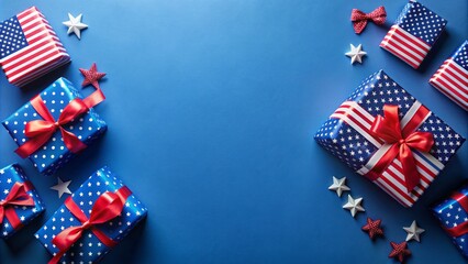 Obraz premium A Flat Lay Banner With Gift Boxes In Red, White, And Blue On A Classic Blue Background, Perfect For A 4Th Of July Greeting, With Ample Copy Space.