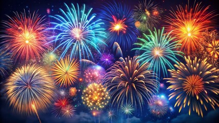 Naklejka premium A Vibrant Panorama Of Multi-Colored Fireworks Exploding Against A Deep Blue Night Sky, Perfect For Celebratory Events Like New Year'S Eve.