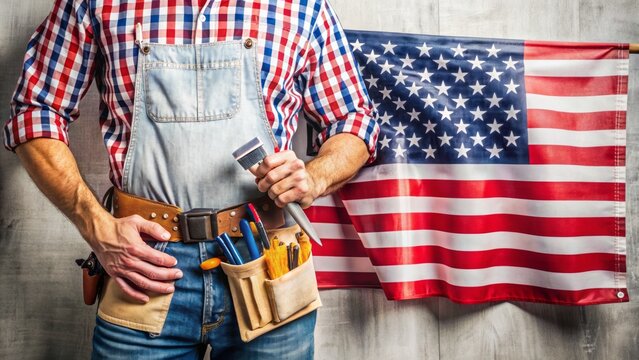 Happy 4Th Of July Banner With Tools In Jean Pocket, Usa Flag Print On White Textured Background For Independence Day Card Concept Stock Photo.