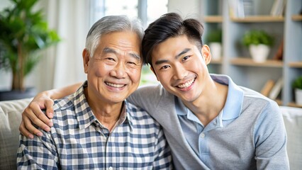 Obraz premium A Heartwarming Portrait Of A Joyful Asian Senior Father And His Young Adult Son Bonding At Home, Sharing Smiles And Laughter During Quality Time Together.
