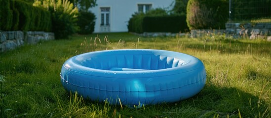 Blue inflatable paddling pool for kids, empty and waiting to be filled with water.