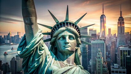 Fototapeta premium A Minimalist Collage Of The Statue Of Liberty And New York City Skyline, Seamlessly Blended With A Contemporary Double Exposure Effect, Creating A Striking And Evocative Image.