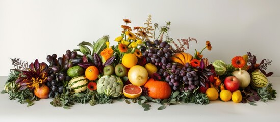 Arrangement with a variety of fresh fruits and vegetables.