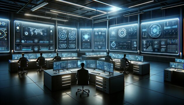 Futuristic Control Room with Multiple Screens and Operators