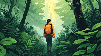 Solo Hiker in Lush Green Forest