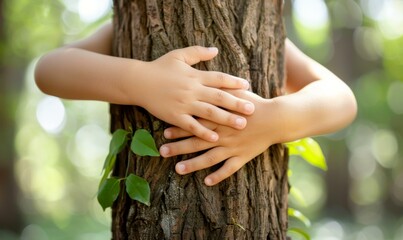 A child hugging a tree. AI.