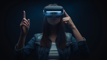 Young girl getting experience VR headset is using augmented reality eyeglasses being in virtual reality. Girl with hands up wearing virtual reality goggles. Woman touching air during VR experience
