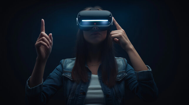 Young girl getting experience VR headset is using augmented reality eyeglasses being in virtual reality. Girl with hands up wearing virtual reality goggles. Woman touching air during VR experience