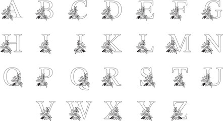 SVG Outlined Floral Monogram, A-Z Alphabet 26 Letters