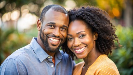 Fototapeta premium A Radiant African American Couple Radiates Joy And Love As They Pose Together, Their Smiles Infectious And Their Bond Unbreakable.