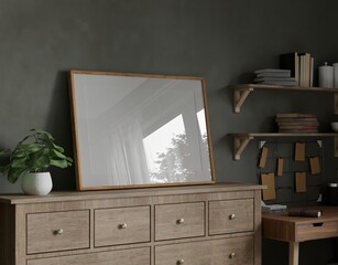 Frame interior, mockup frame, poster wood frame horizontal empty picture interior close up, work desk table dark home room in illustration 3d rendering